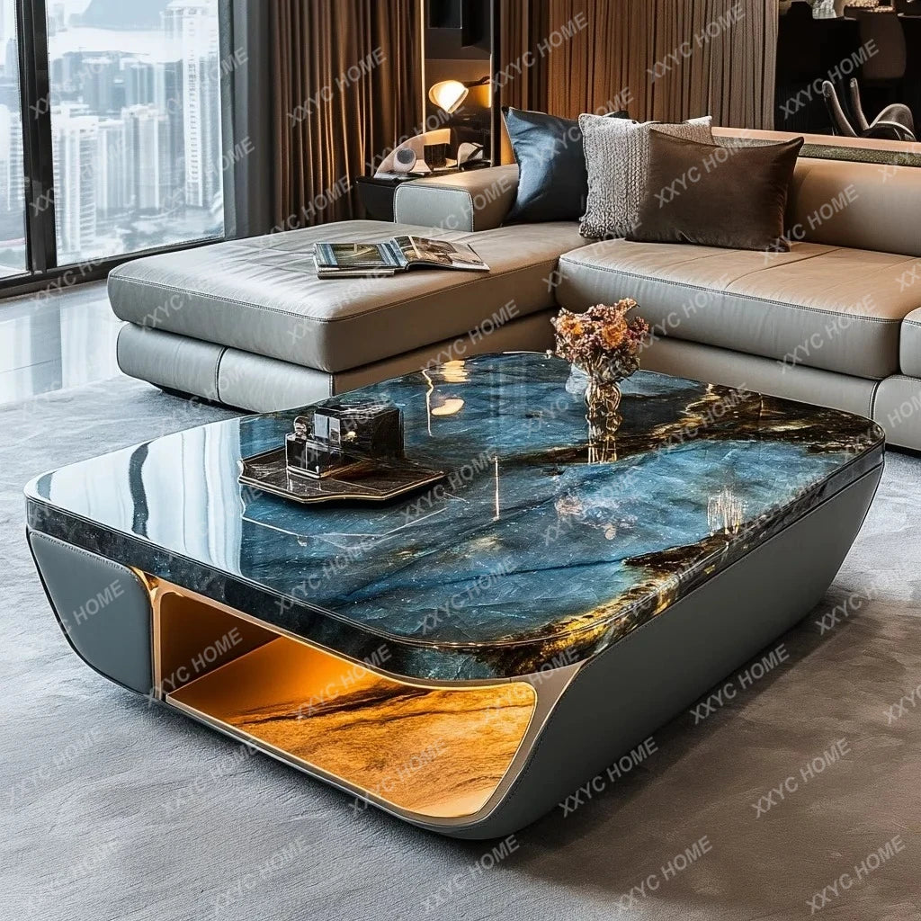 Luminous blue jadeite luxury stone coffee table elegant modern living room advanced design jade minimalist marble villa home