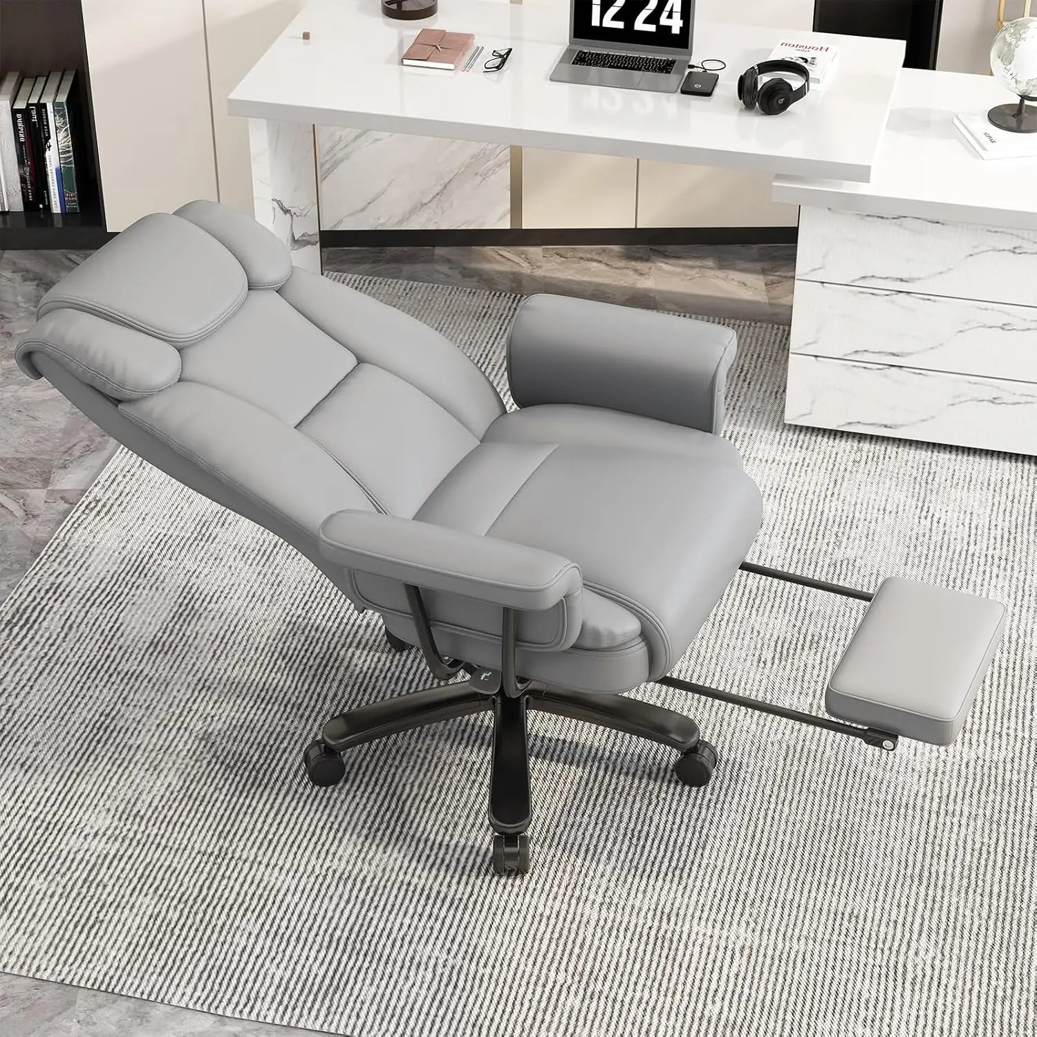 Criss Cross Chair with Wheels, 160°Big and Tall Reclining Office Desk Chair with High Back, Wide Seat, Arms, Footrest, Grey