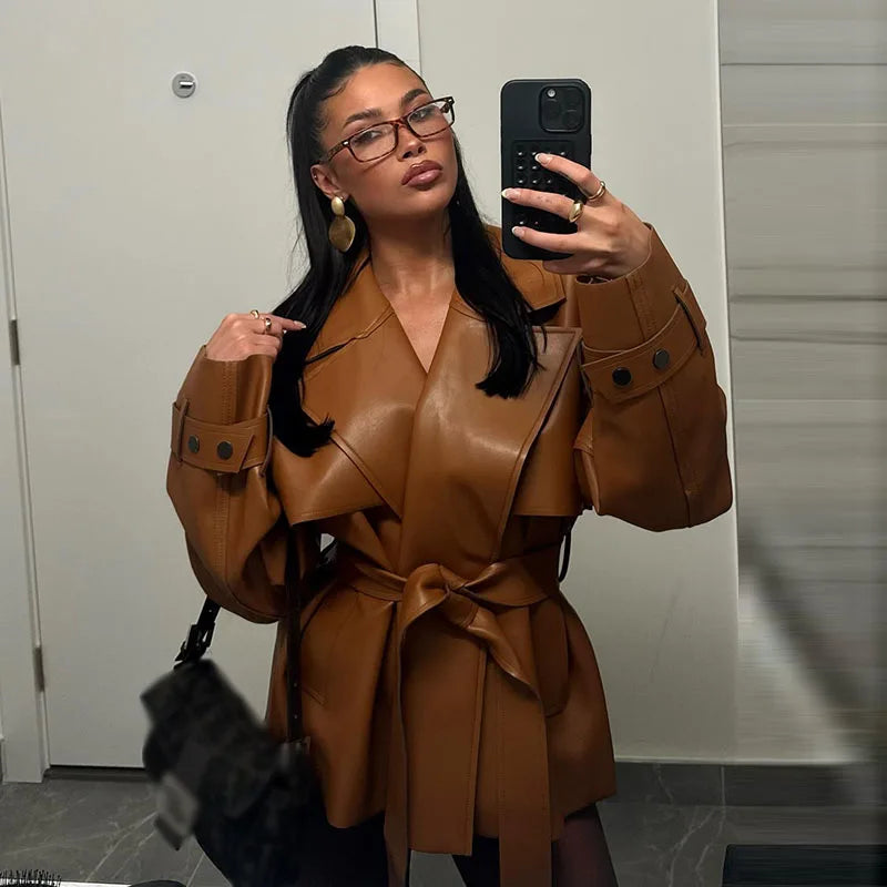 Casual Pu Leather Loose Women Jacket Belt Full Sleeve Stand Collar Zippers Female Coat 2026 Spring Autumn Lady Streetwears