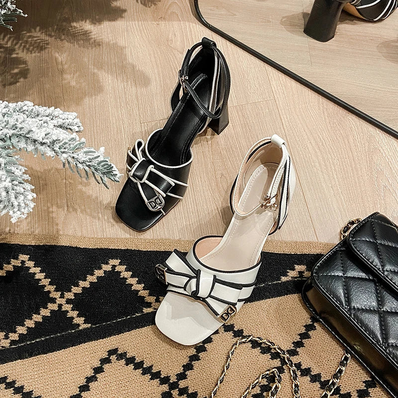 【JOCHEBED HU】2026 New Summer Retro High-heeled Lady Sandals Female Thick Heel Square Toe with Back Empty Shoe Trend 33-46