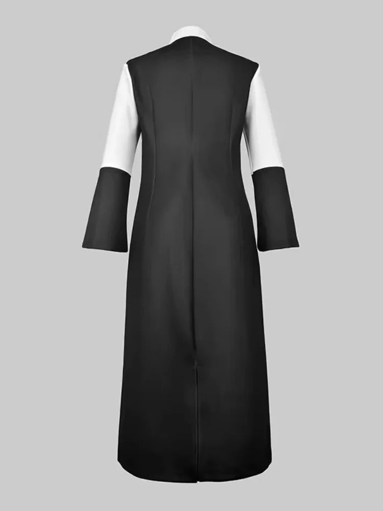 2025 Women's Bodycon Dresses Elegant Contrast Color V-neck with Zipper Long Sleeves Formal Occasion Office Splicing Midi Dresses