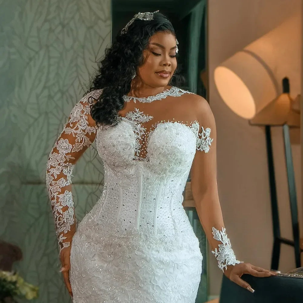 Customized Sexy Arabic Mermaid Wedding Dresses Sheer Neck Lace Applique Beads Long Sleeves Removable Tail Bridal Gowns Africa