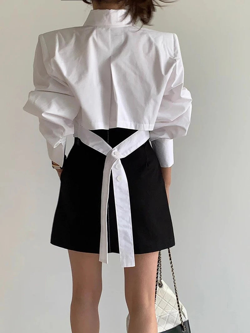 Cropped Cotton Shirt With Back Lace-Up Design And Hollow Out Detailing — White | KIMLUD