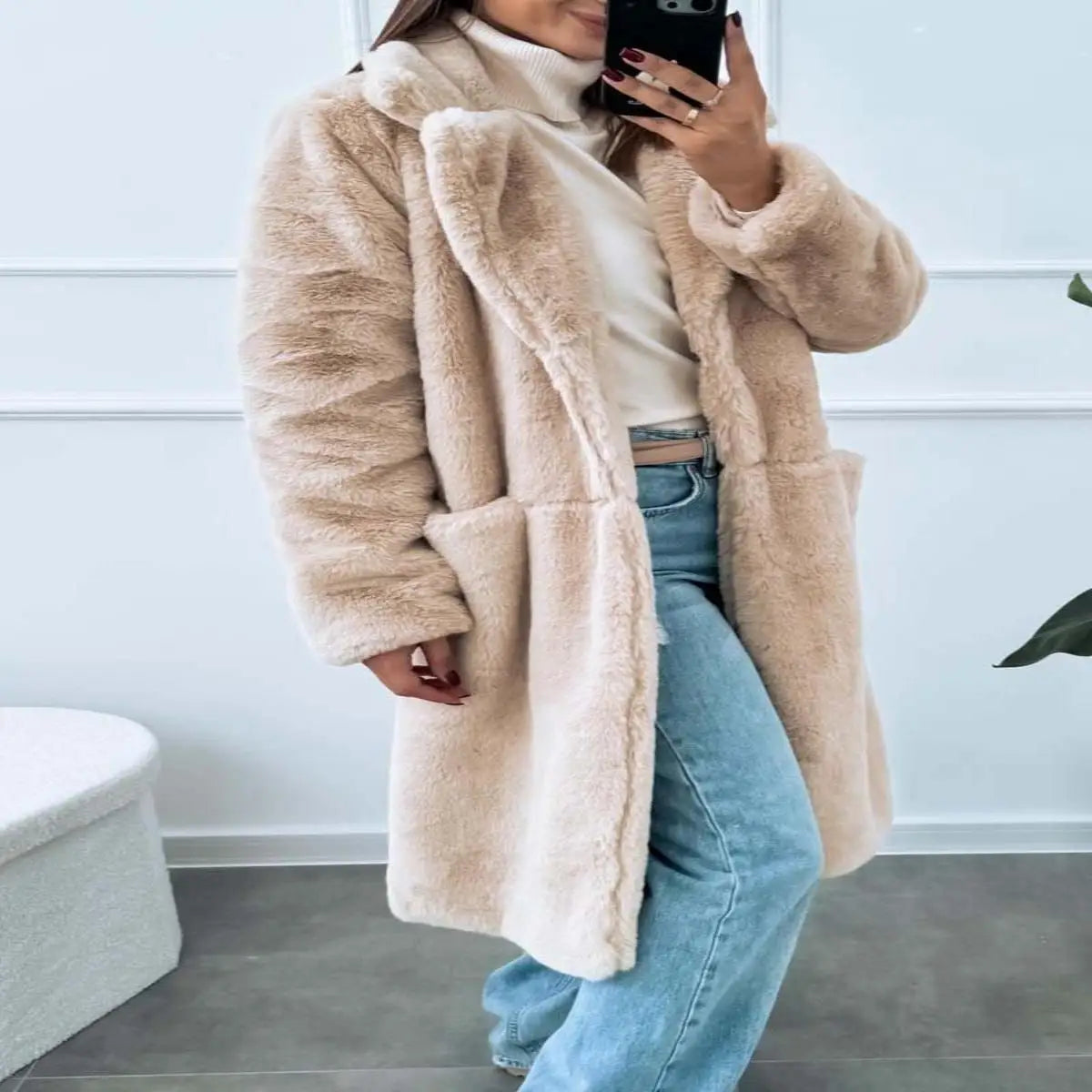 Autumn Winter Long Loose Pure Color Plu Rabbit Fur Coat with kets Women's plus Size Casual Outerwear Coat