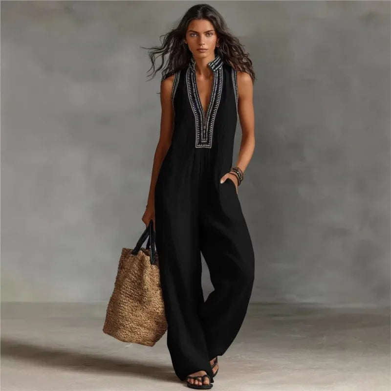 Polyester Printed Jumpsuit — Black | KIMLUD