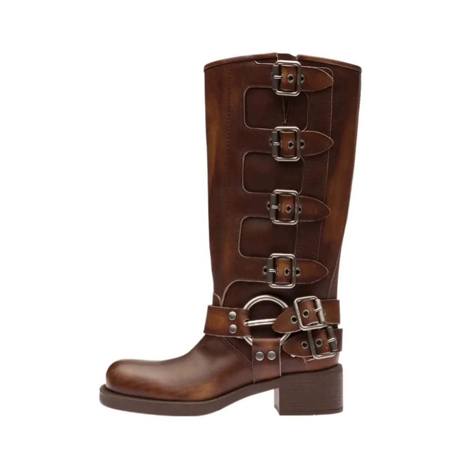 Knee-High Western Boots – Platform Rivet Belt Buckle – Genuine Leather | KIMLUD