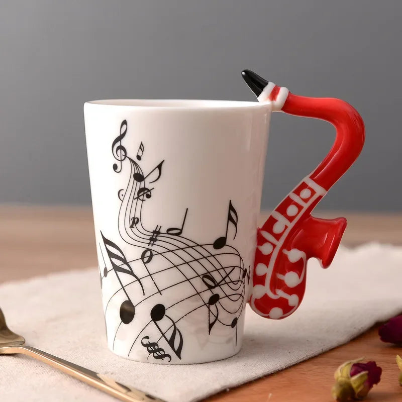 Bone China Mug With Music Note Motif And Delicate Guitar Handle — White | KIMLUD