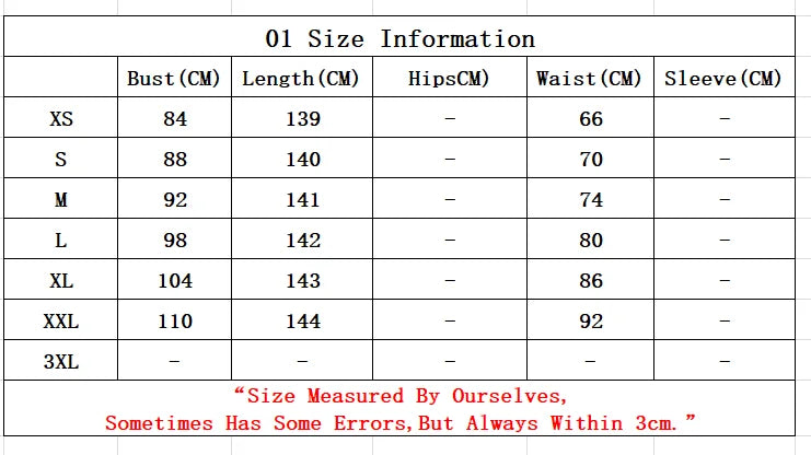 Size chart for clothing with measurements in centimeters