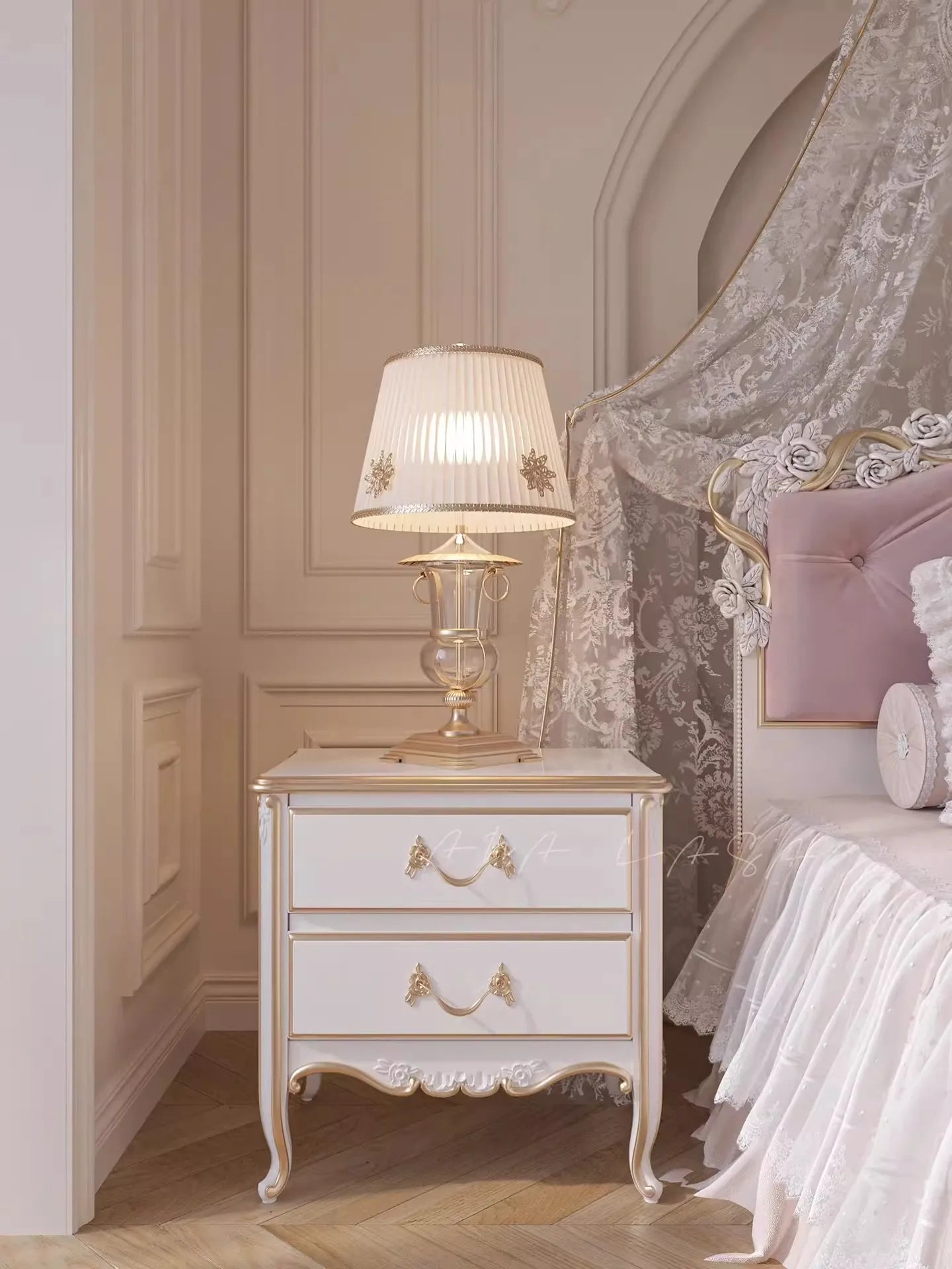 Solid Wood Bed European Court Carved — Ivory | KIMLUD