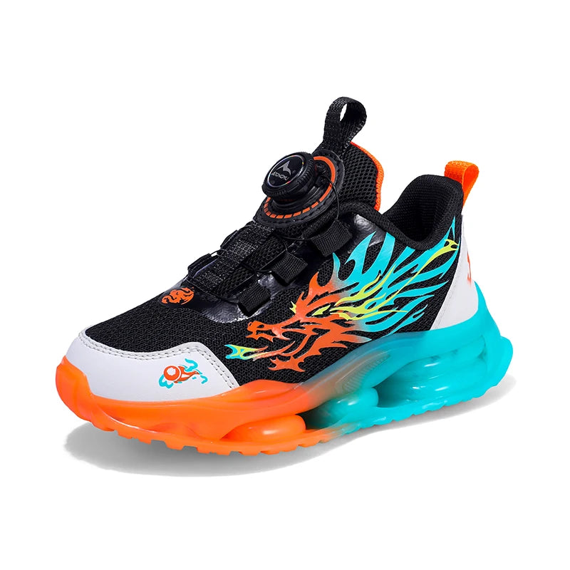 Flame-Print Knit Sneakers For Boys — Lightweight, Anti-Slip Sole, School-Ready Kids Trainers — Black | KIMLUD