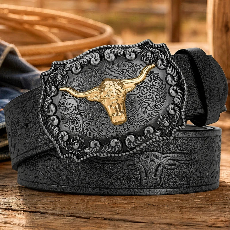 Men's Belt – Western Cowboy – PU Belt – Black | KIMLUD