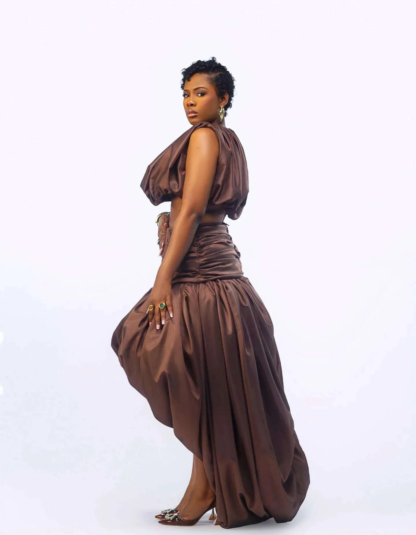 KIMLUD, Custom Brown High Low Skirt African Pleated Satin Evening Party Skirts Coco Ruffles Bubble Skirt Aso Ebi Style Birthday Skirt, KIMLUD Womens Clothes