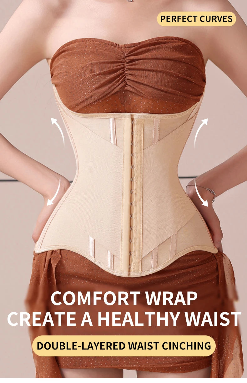 U-Shaped Steel Boned Waist Trainer Corset Buttoned Closure — Beige | KIMLUD