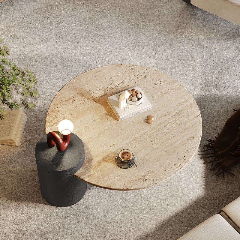 Nordic Minimalist Travertine Side Table Round Top With Solid Wood Pedestal — Beige | KIMLUD