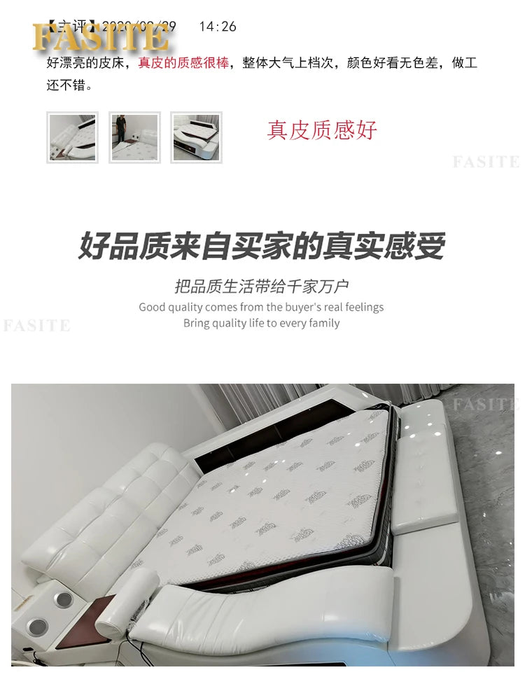 Genuine Leather Bed Tech Smart Multifunctional Massage, Bluetooth Speaker, Air Cleaner — White | KIMLUD