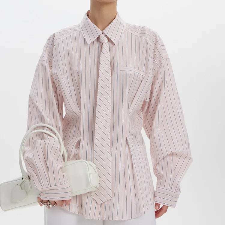 Collar Striped Shirt Asymmetrical Hem Cinched Waist — White | KIMLUD
