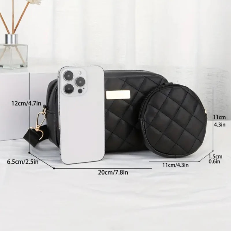 Quilted Two-Piece Crossbody Bag Set With Detachable Mini Purse — Black | KIMLUD