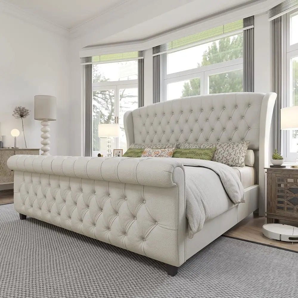 Chenille Upholstered King Size Platform Bed — Ivory | KIMLUD