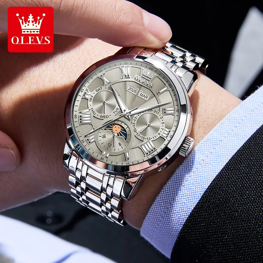 Stainless Steel Mens Watch Moon Phase Automatic — Silver | KIMLUD