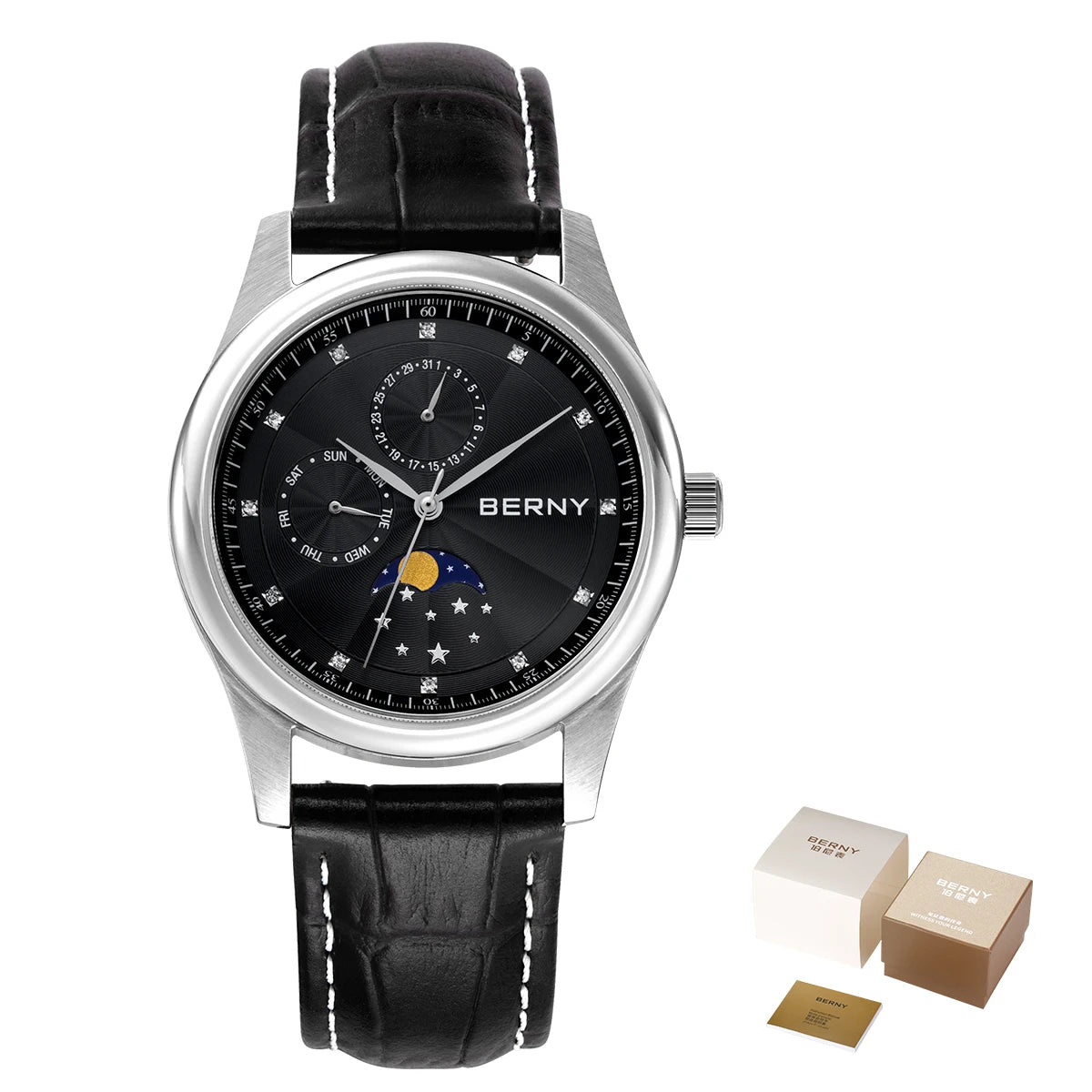 BERNY Men Watch Date Weeks Moon Phase Quartz Watches for Men Stainless Steel Leather Strap Business Wristwatch Male Clock