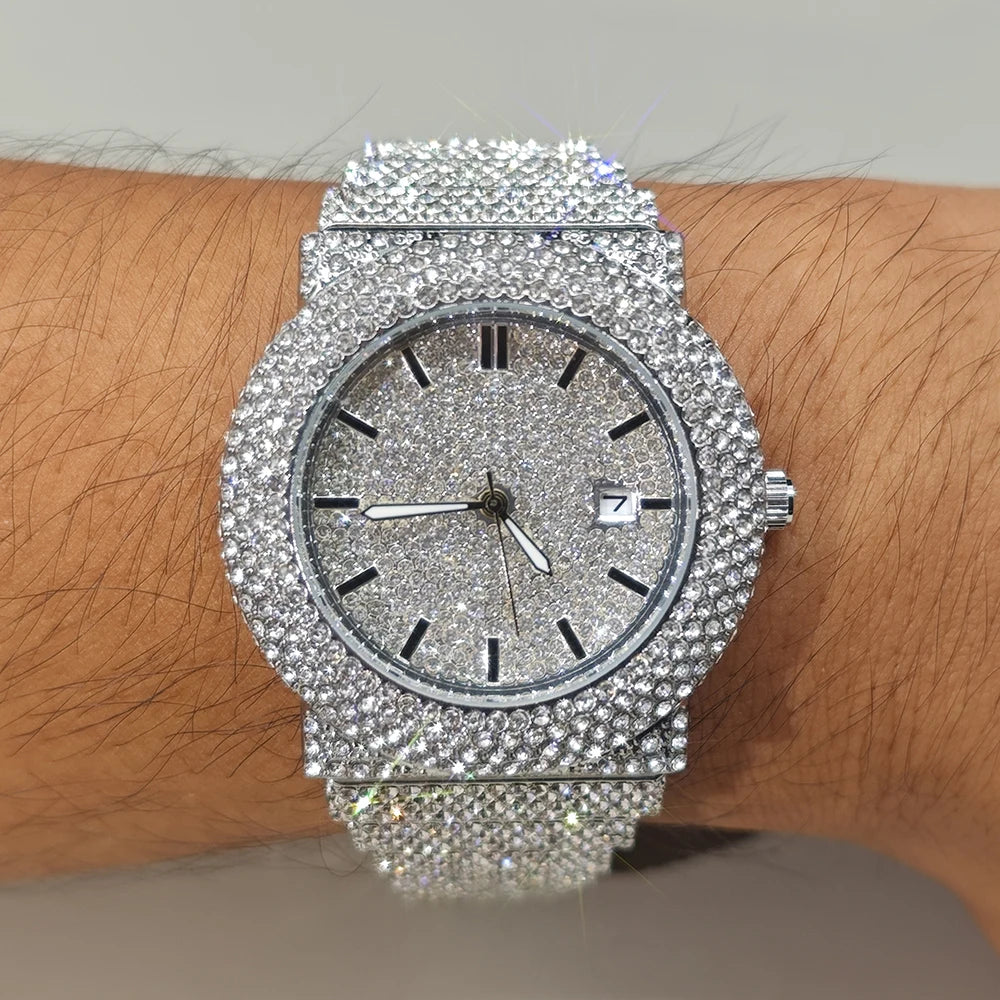Hot New Luxury Watches For Men Full Diamond Iced Hip Hop Stylish Quartz Watch For Male Waterproof Calendar Men's Wristwatches