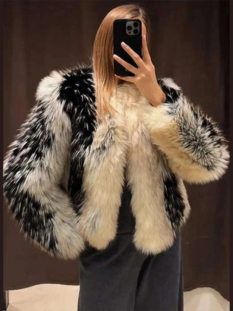 KIMLUD, Elegant  Fur Women's Coat O-neck Long Sleeve Thicken Warm Female Jackets 2025 Winter Fashion Panelled Furry Lady Outwears, KIMLUD Womens Clothes