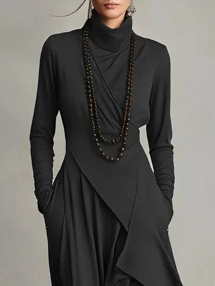 Dresses Cross Turtleneck A-Line Slim Fit — Solid Color | KIMLUD