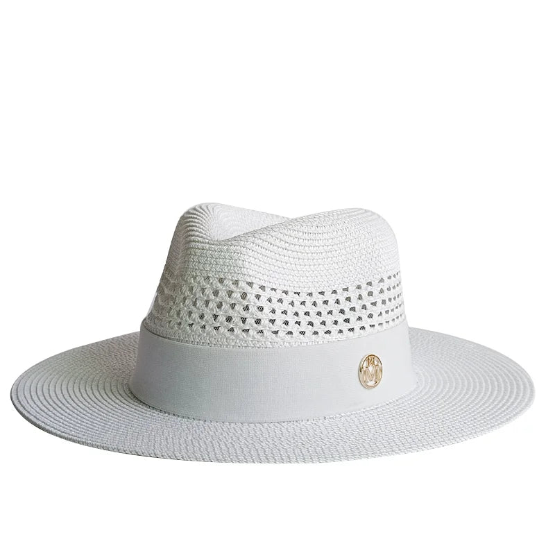 Straw Pearl Chain Flat Top Sun Hat — Beige | KIMLUD