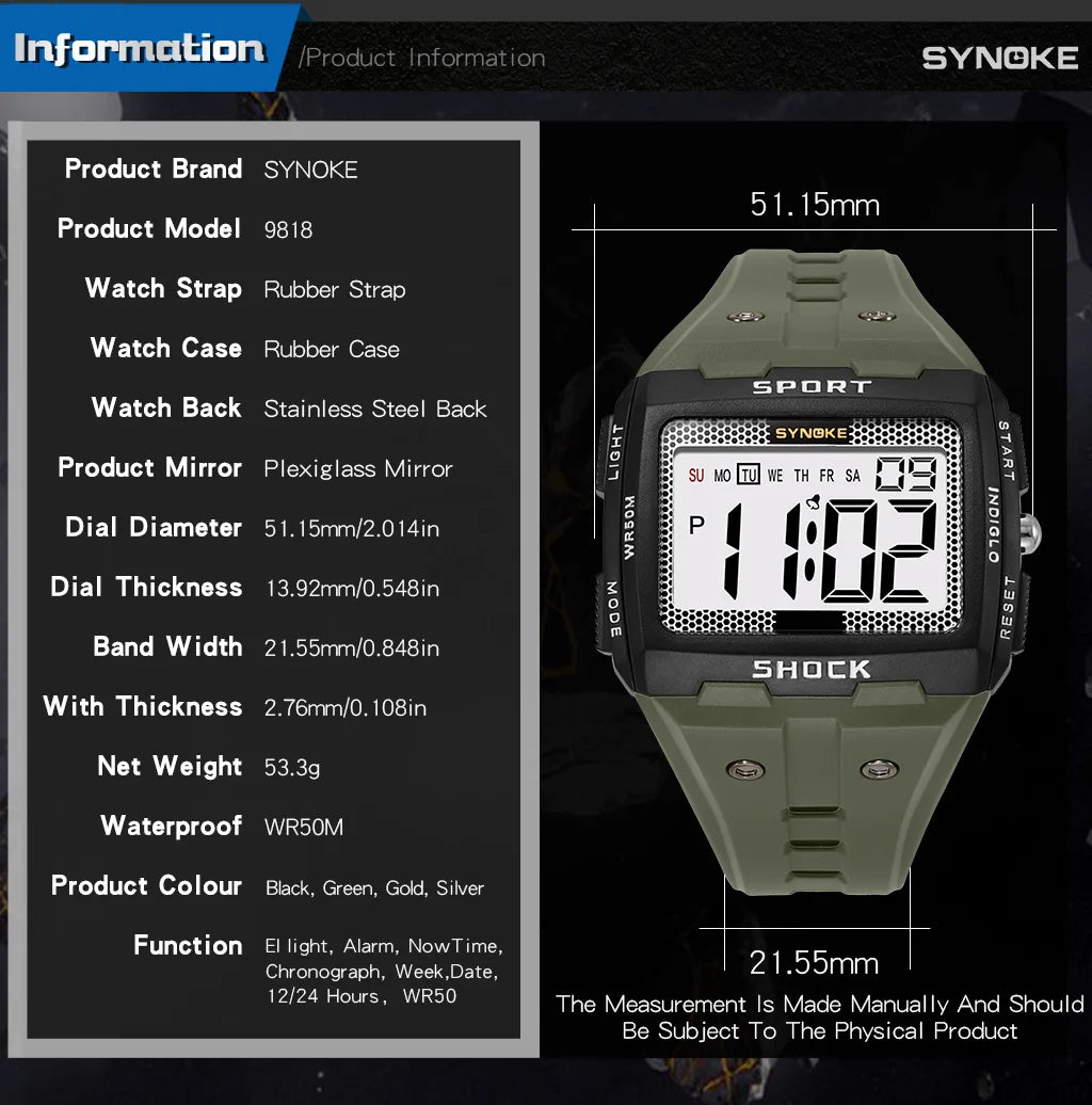 Digital Wristwatch Men's Sports Electronic Watch Waterproof Luminous Large Screen Watch Fashion Casual Students Wristwatch