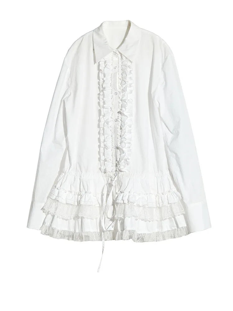 Blouse – Lace Ruffles – Jersey – White | KIMLUD
