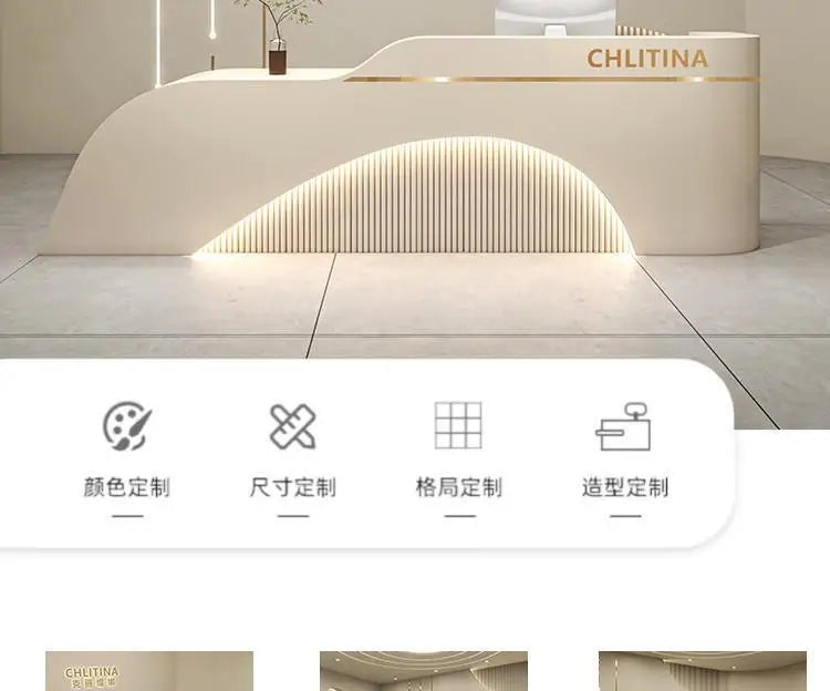 Simple Modern Front Reception Desk Curved Silhouette — White | KIMLUD