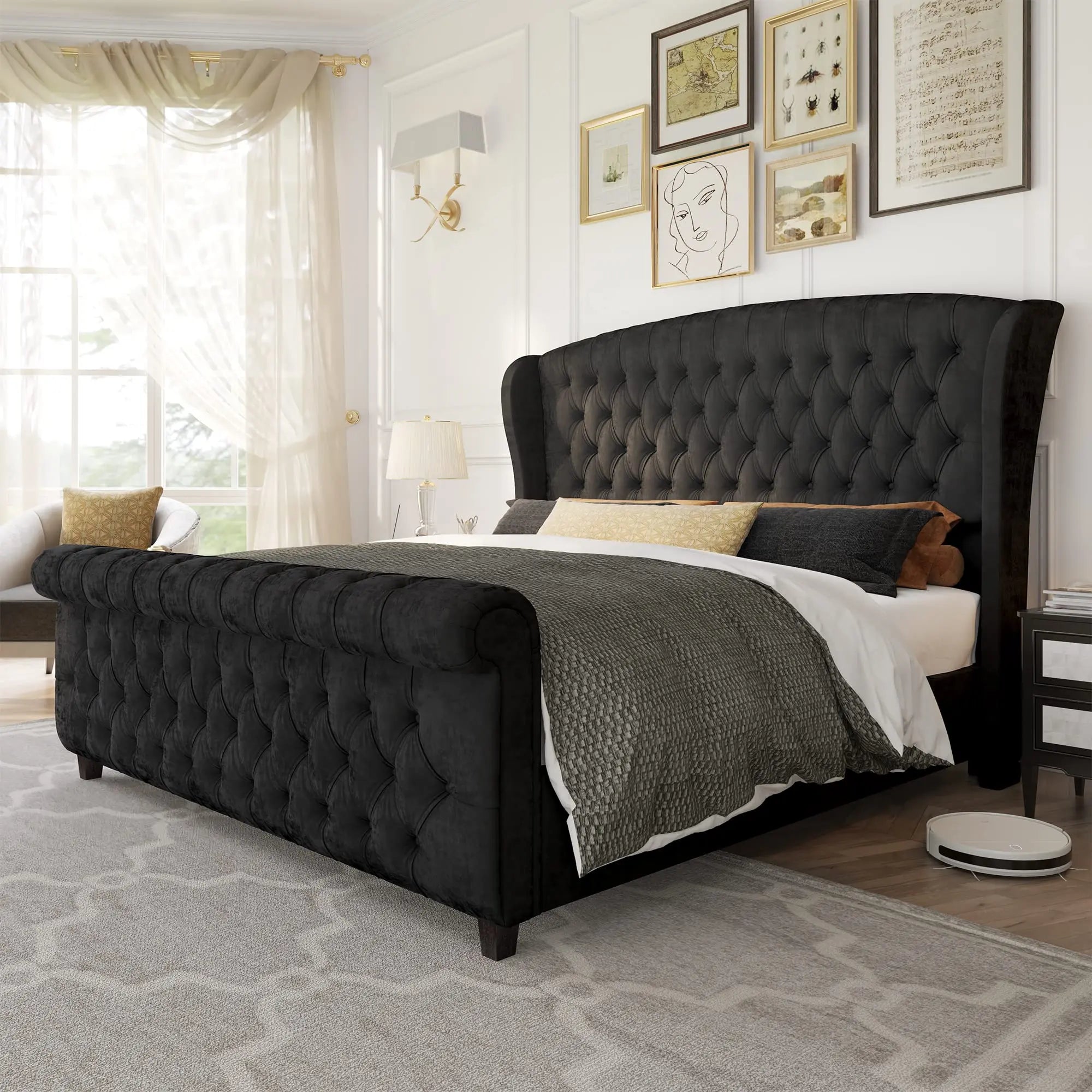 Chenille Upholstered Sleigh Bed Solid — Ivory | KIMLUD