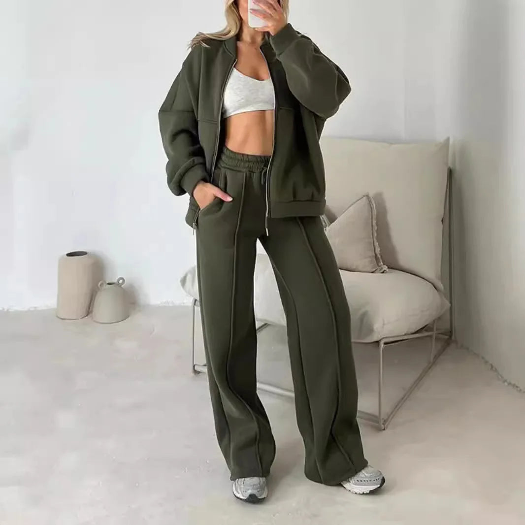 Two-Piece Tracksuit With Zip Sweatshirt And Straight Pants — Olive | KIMLUD