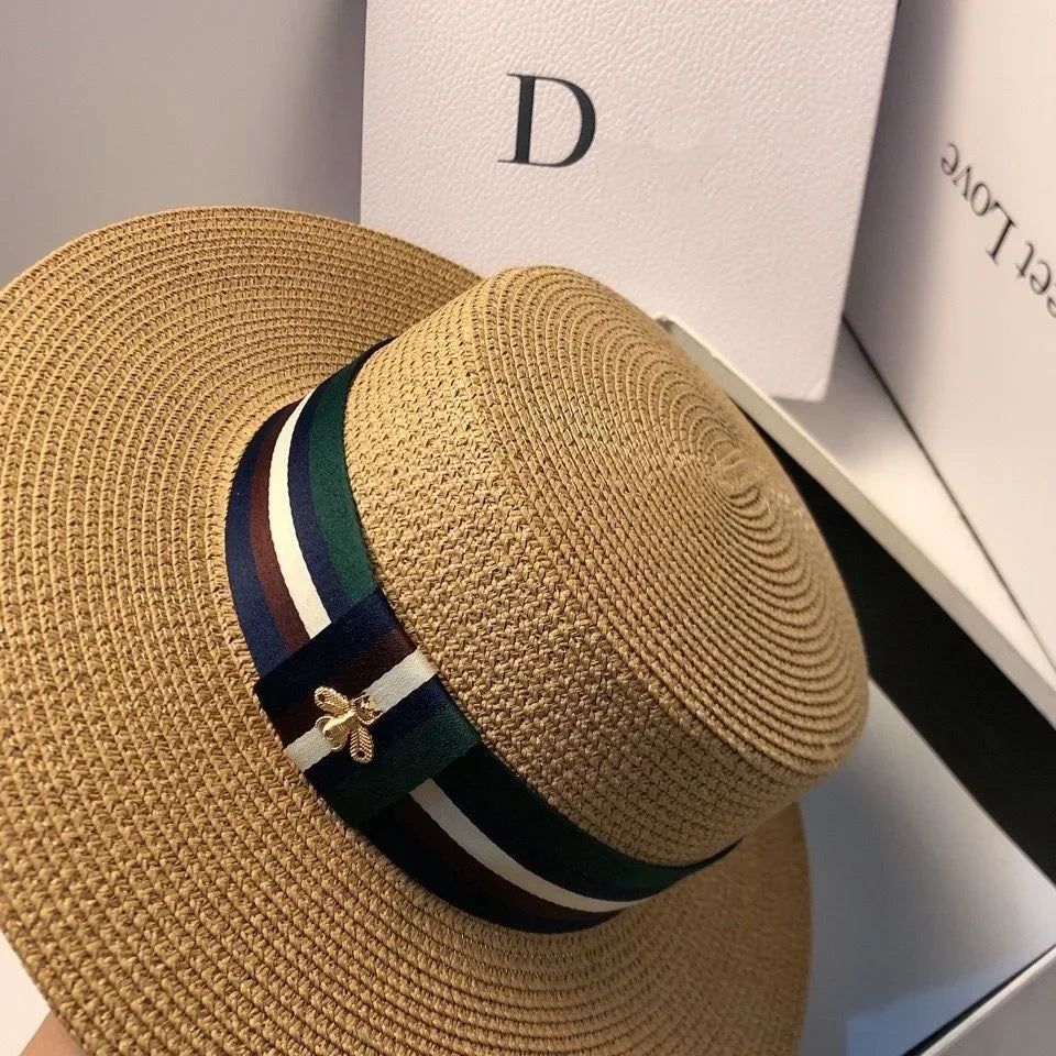 Polyester Wide Brim Hat Striped Bee Embroidery — Multicolor | KIMLUD