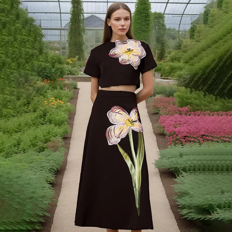 Women's Temperament Elegant Three Dimensional Flower Skirt Two Piece Set Slit Backless Cropped Top High Waist A-line Skirts Sets