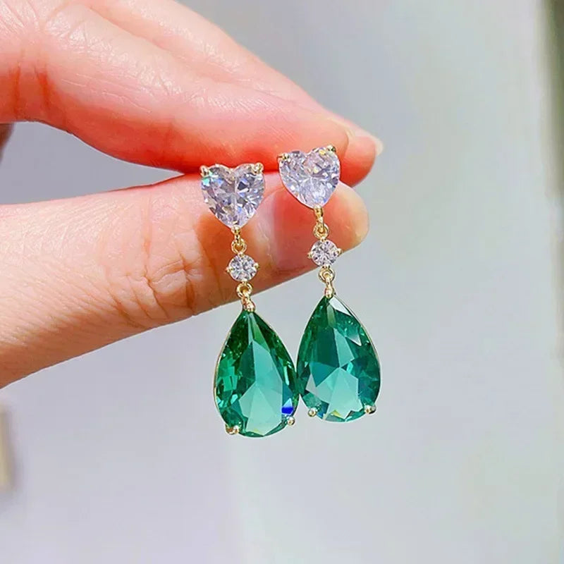 Cubic Zirconia Drop Earrings Water-Drop Inlaid — Emerald | KIMLUD