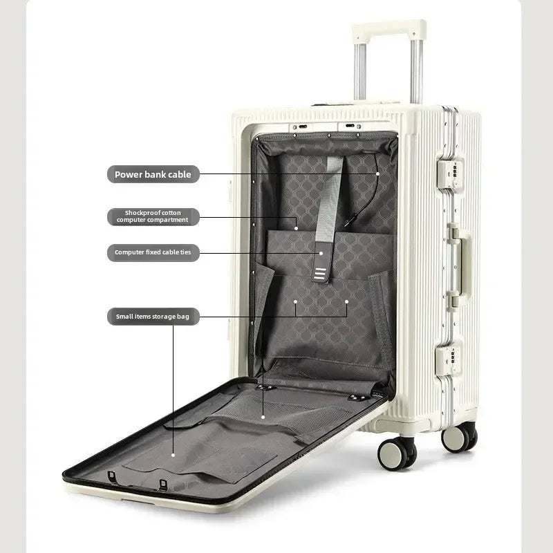 Front Opening Large Capacity Rolling Luggage Case Aluminum Frame Trolley Case USB Charging Boarding Suitcase With cup holders