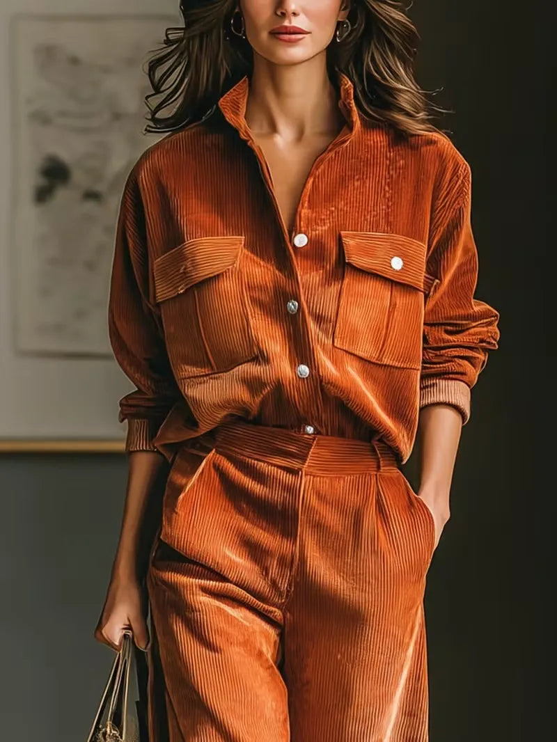 Corduroy Two-Piece Set With Wide-Leg Pants — Burnt Orange | KIMLUD