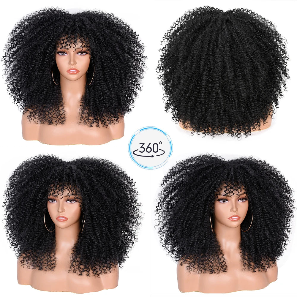 Afro Kinky Curly Hair Wigs With Bangs — Natural Brown Mixed | KIMLUD