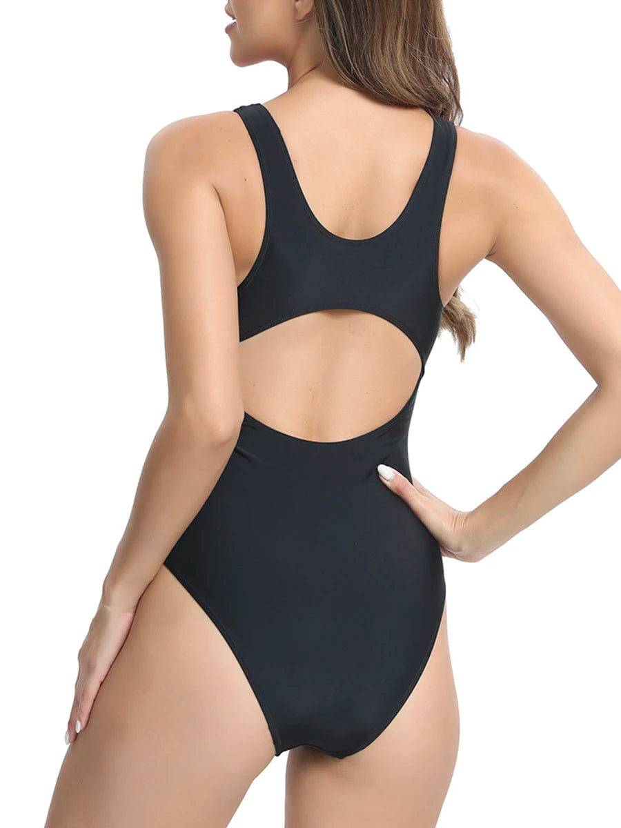Block Color One-Piece Swimsuit Patchwork Neon Pink Panels — Black | KIMLUD