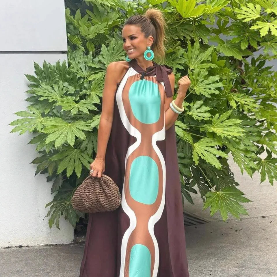 Casual Print Halter Neck Leace-up Long Dresses Women Summer New Vacation Style Loose Maxi Dress Female Vintage Commuting Vestido