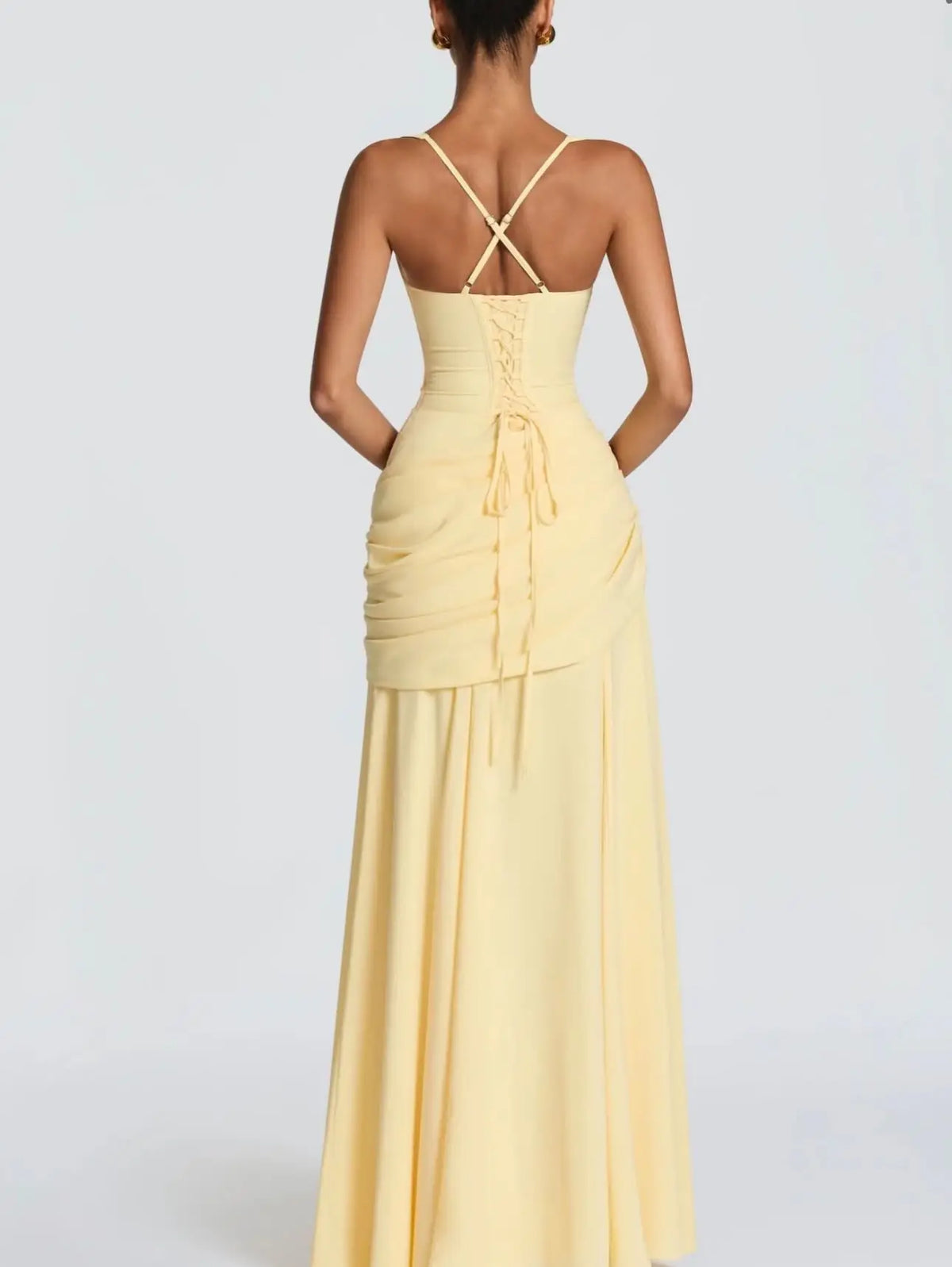Evening Dress - Spaghetti Strap - A-Line Silhouette - Yellow | KIMLUD
