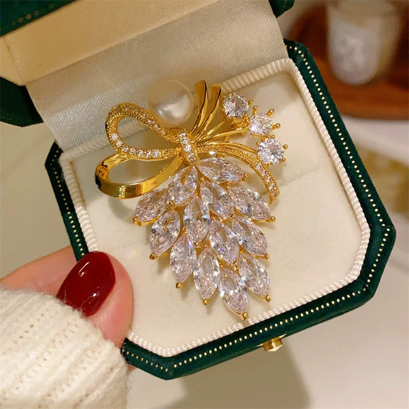 Gold-Tone Ribbon Bow Brooch With Faux Pearl Accent — Gold | KIMLUD