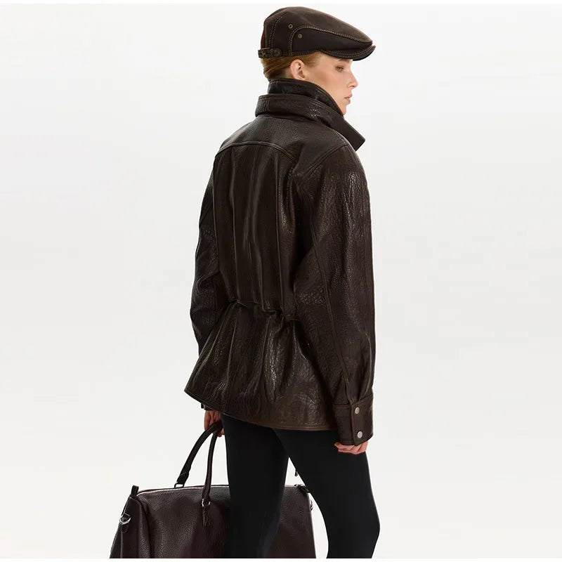 Chic Textured Leather Jacket Women Urban Lapel Drawstring Asymmetrical Loose Full Sleeve Jackets Female 2025 Edgy Lady Coats New