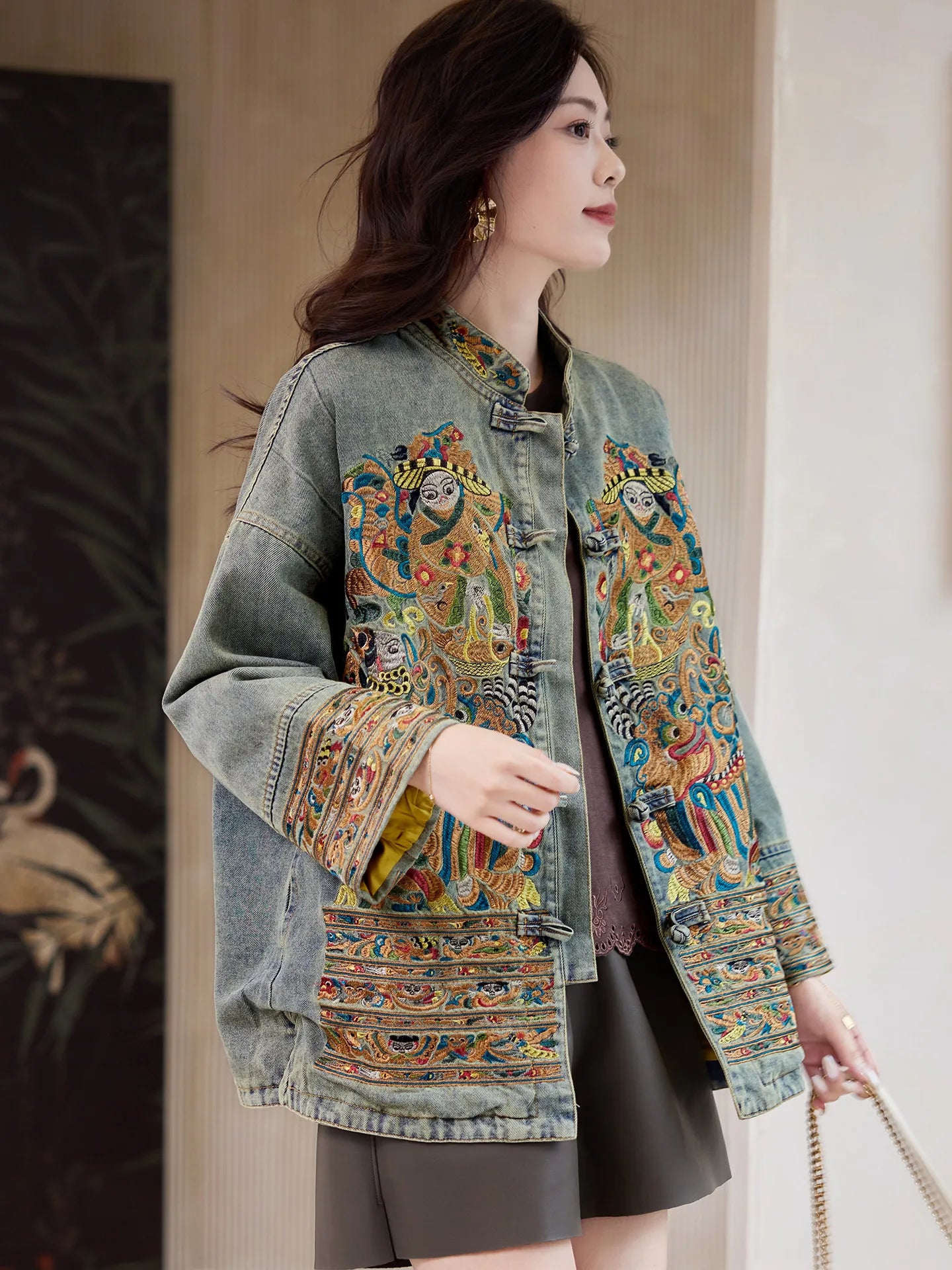 Women Distressed Denim Jacket Heavy Embroidery Lucky Chinese Style 2026 Spring Loose Casual Jean Coat
