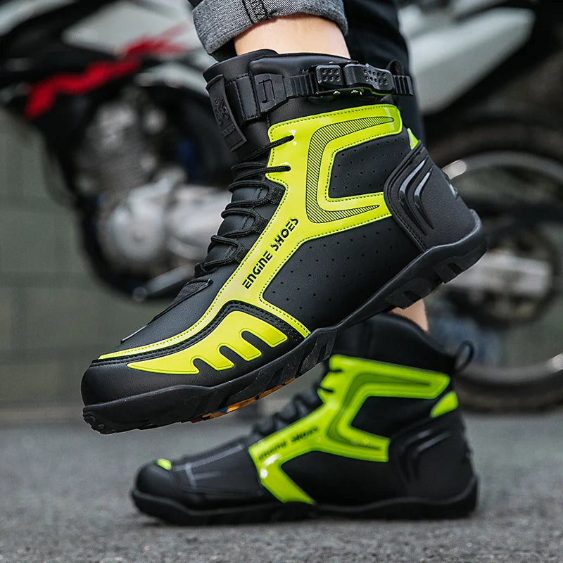 Motorcycle Riding Shoe High Top Buckle — Neon Yellow | KIMLUD