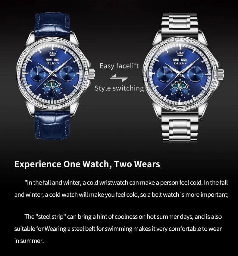 Moon Phase Leather Luxury Watch Diamond Bezel With Automatic Movement 41mm Case — Blue | KIMLUD