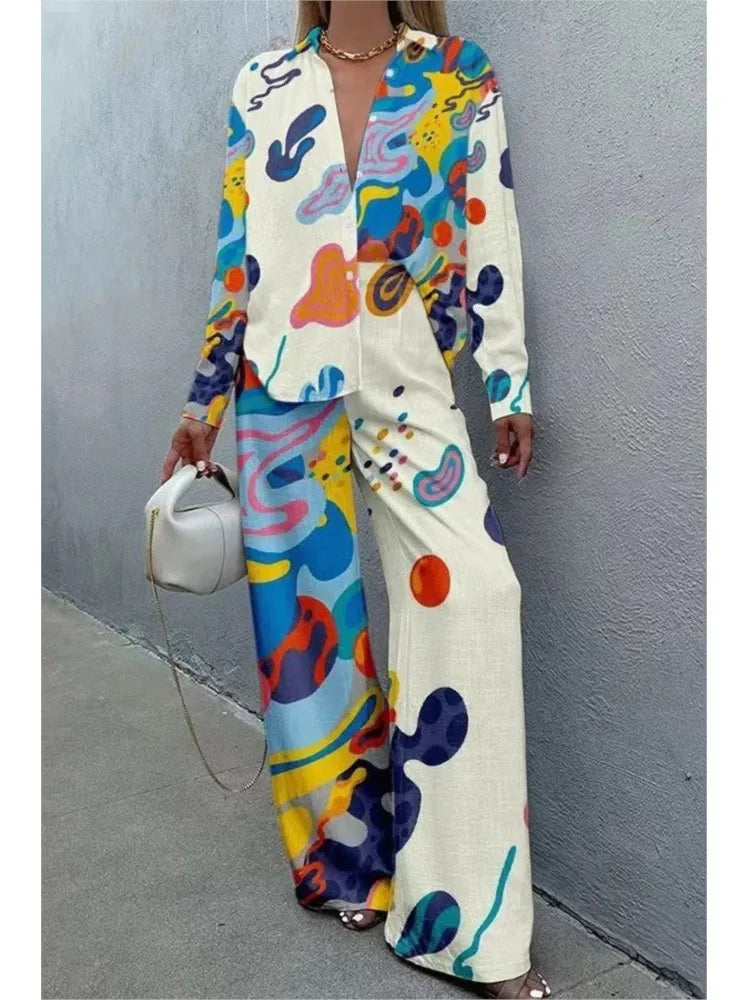 Two Piece Pant Set – Print Shirt and Wide Leg Pants – Broadcloth | KIMLUD