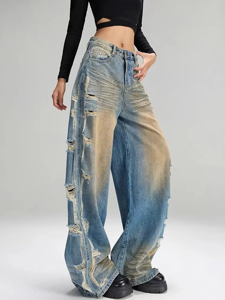 Jeans Ripped Tassel Wide Leg Denim — Blue | KIMLUD