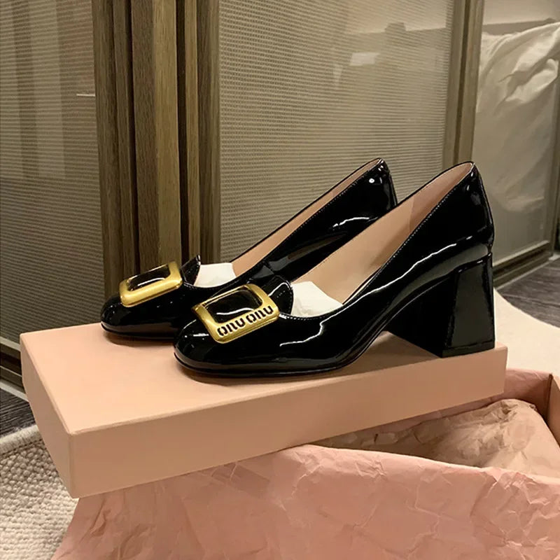 PU High Heels Round Toe Metal Buckle — Black | KIMLUD
